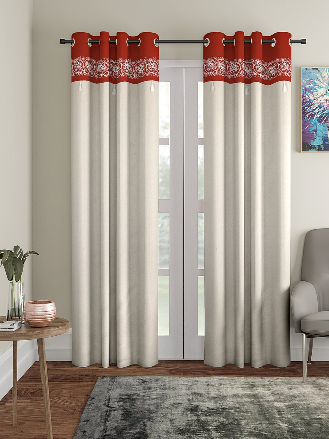 

BLANC9 Set Of 2 Red & Beige Printed Cotton Long Door Curtains