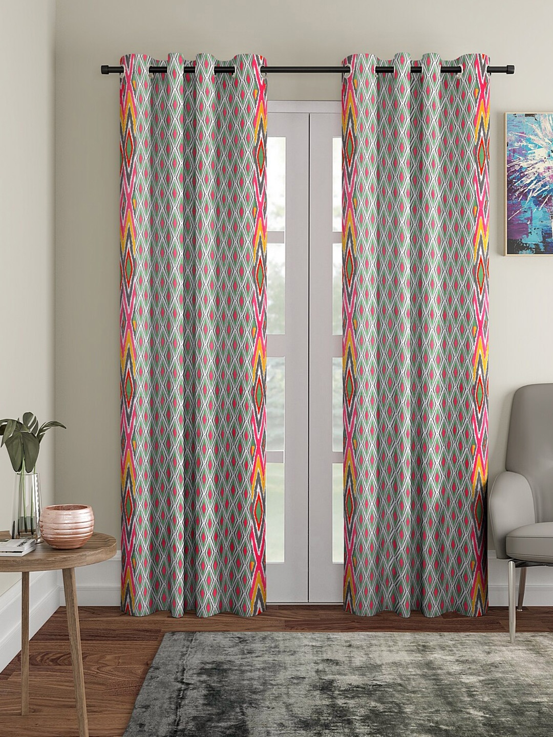 

BLANC9 White & Pink Set of 2 Geometric Long Door Curtain