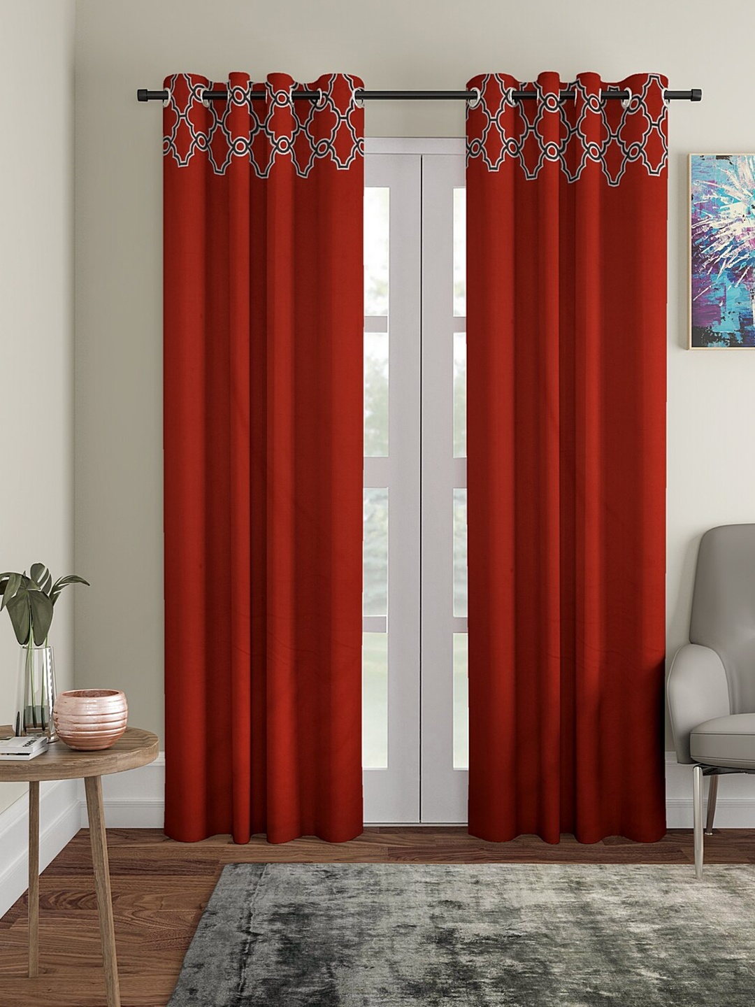 

BLANC9 Red & White Set of 2 Geometric Long Door Curtain