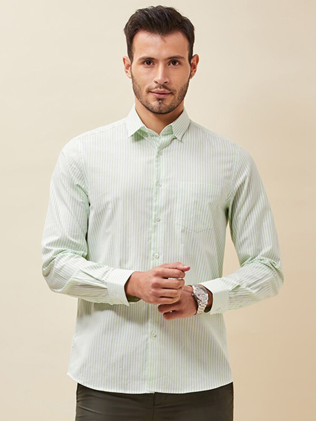 

J Hampstead Men Green Classic Slim Fit Striped Formal Shirt