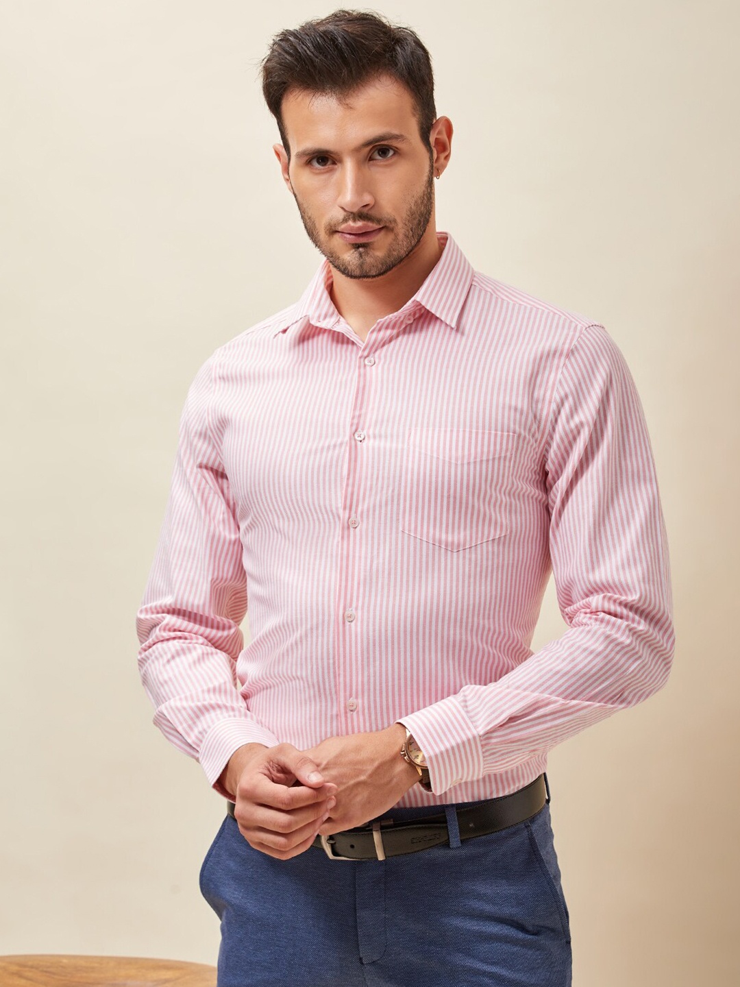 

J Hampstead Men Peach-Coloured Classic Slim Fit Striped Formal Shirt