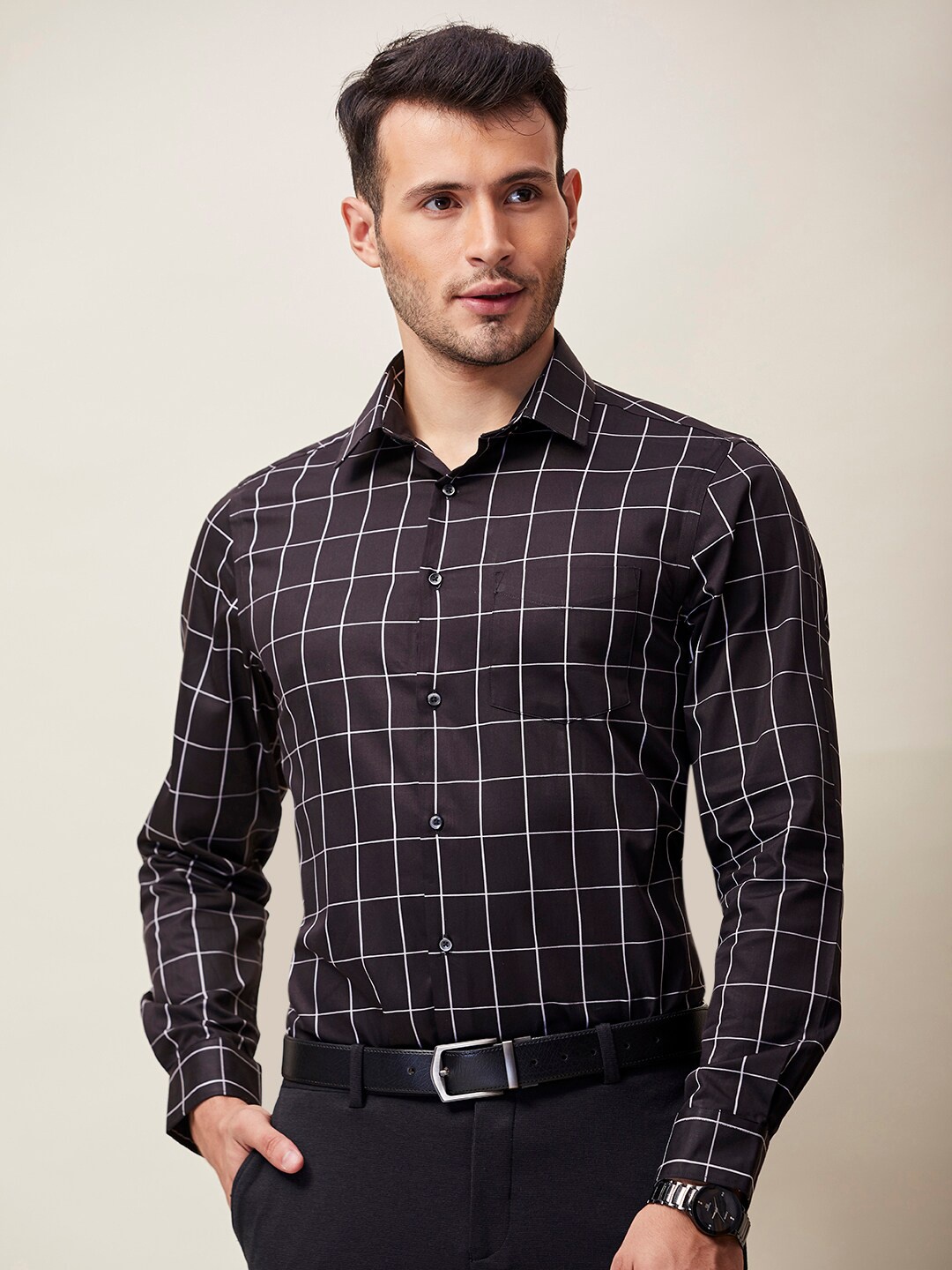 

J Hampstead Men Black Cotton Classic Slim Fit Windowpane Checks Checked Formal Shirt