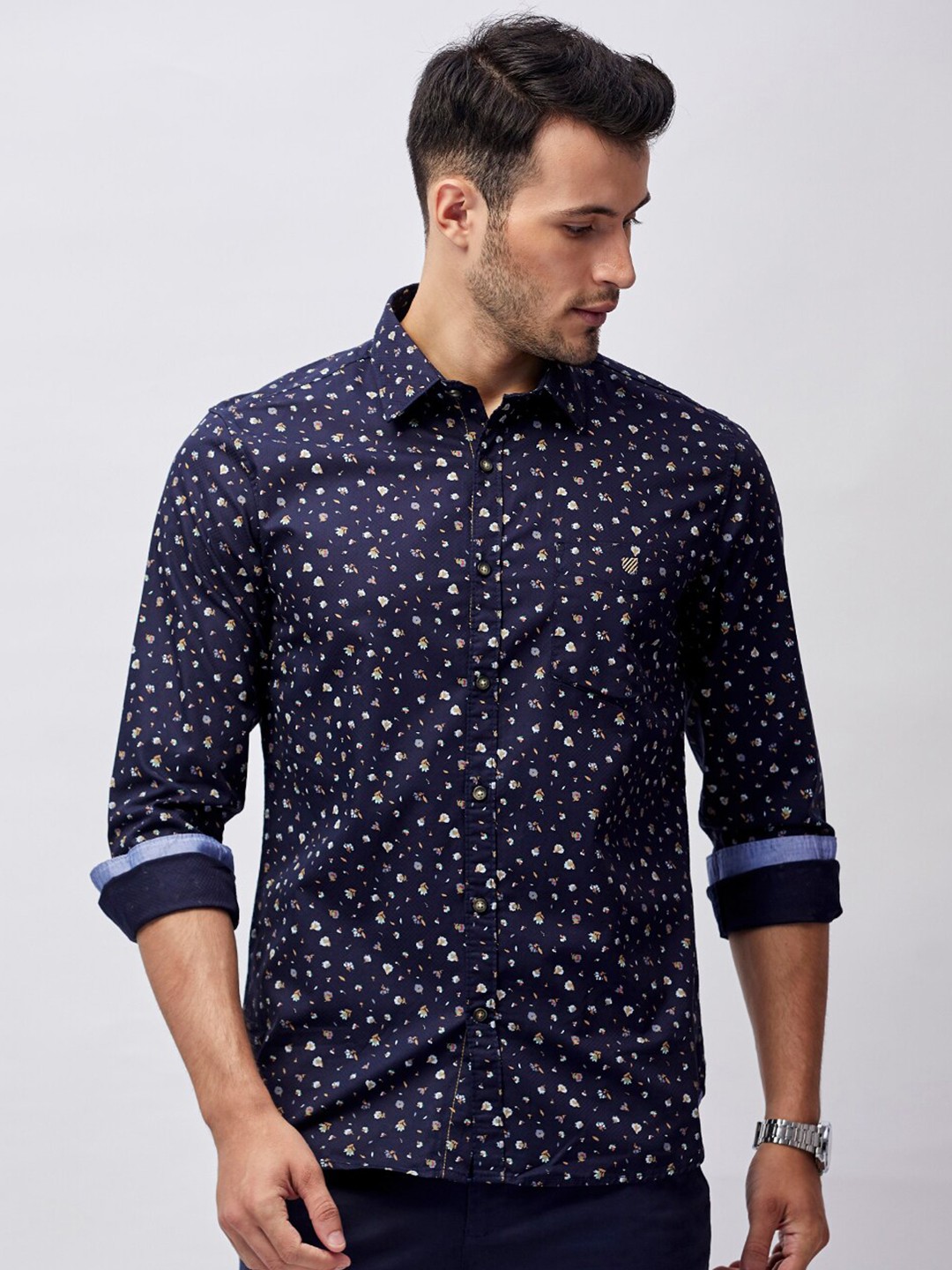 

J Hampstead Men Navy Blue Classic Slim Fit Printed Casual Shirt