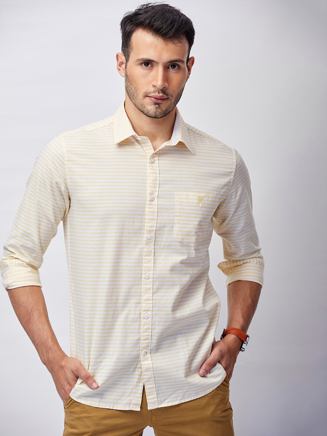 

J Hampstead Men Yellow Classic Slim Fit Horizontal Stripes Striped Casual Shirt
