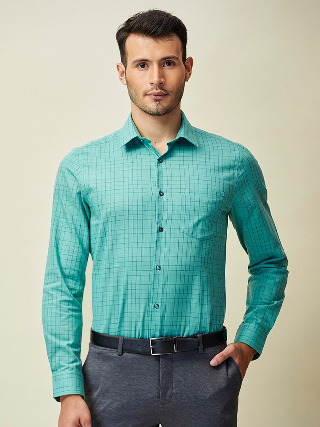 

J Hampstead Men Green Classic Slim Fit Grid Tattersall Checked Formal Shirt