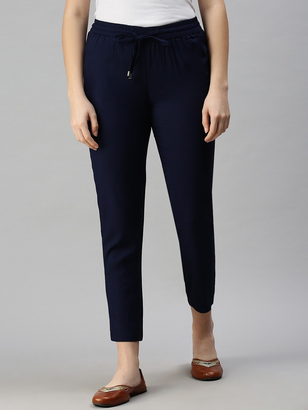 

De Moza Women Navy Blue Relaxed Straight Leg Trousers