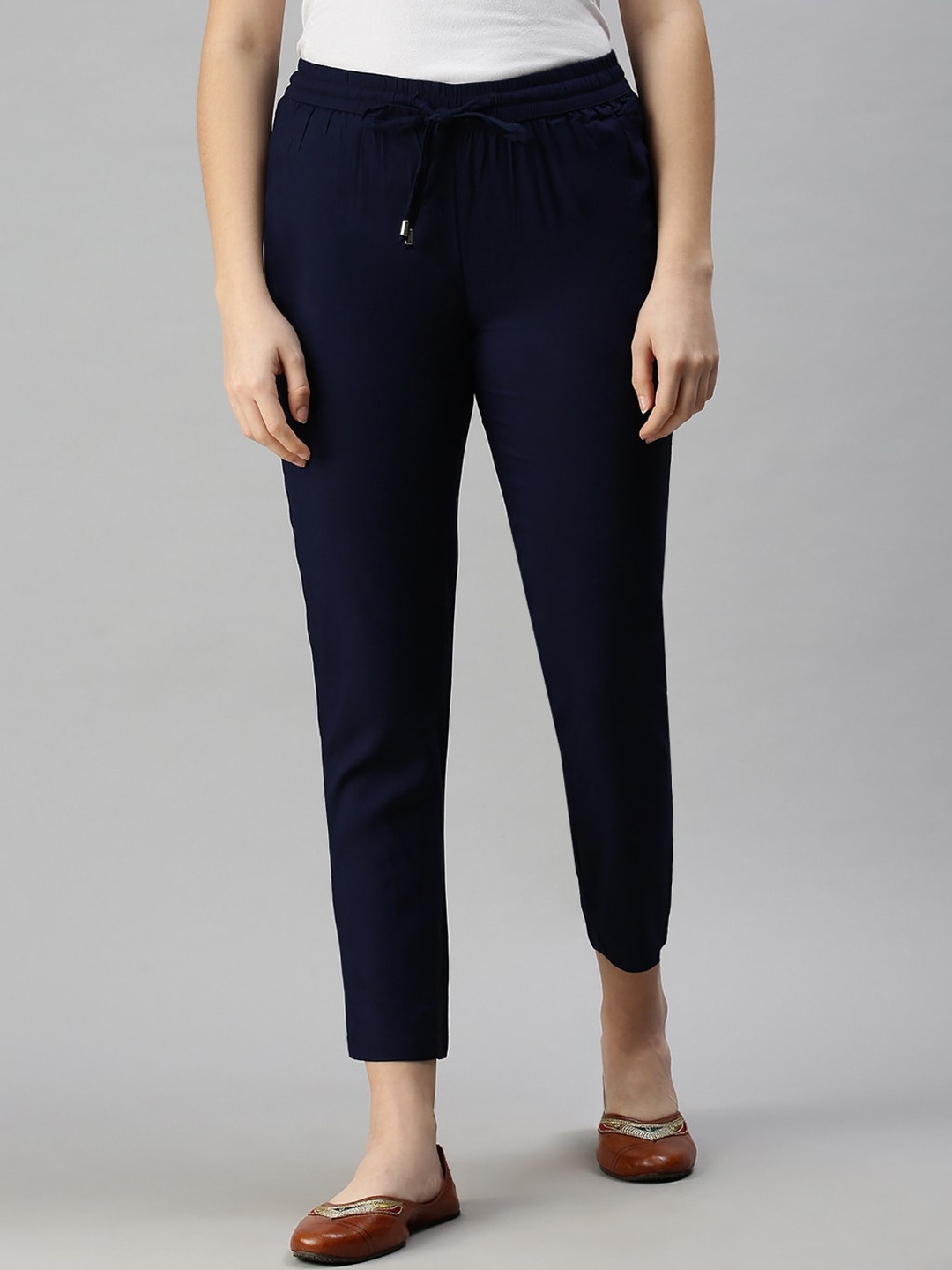 

De Moza Women Navy Blue Relaxed Straight Leg Trousers