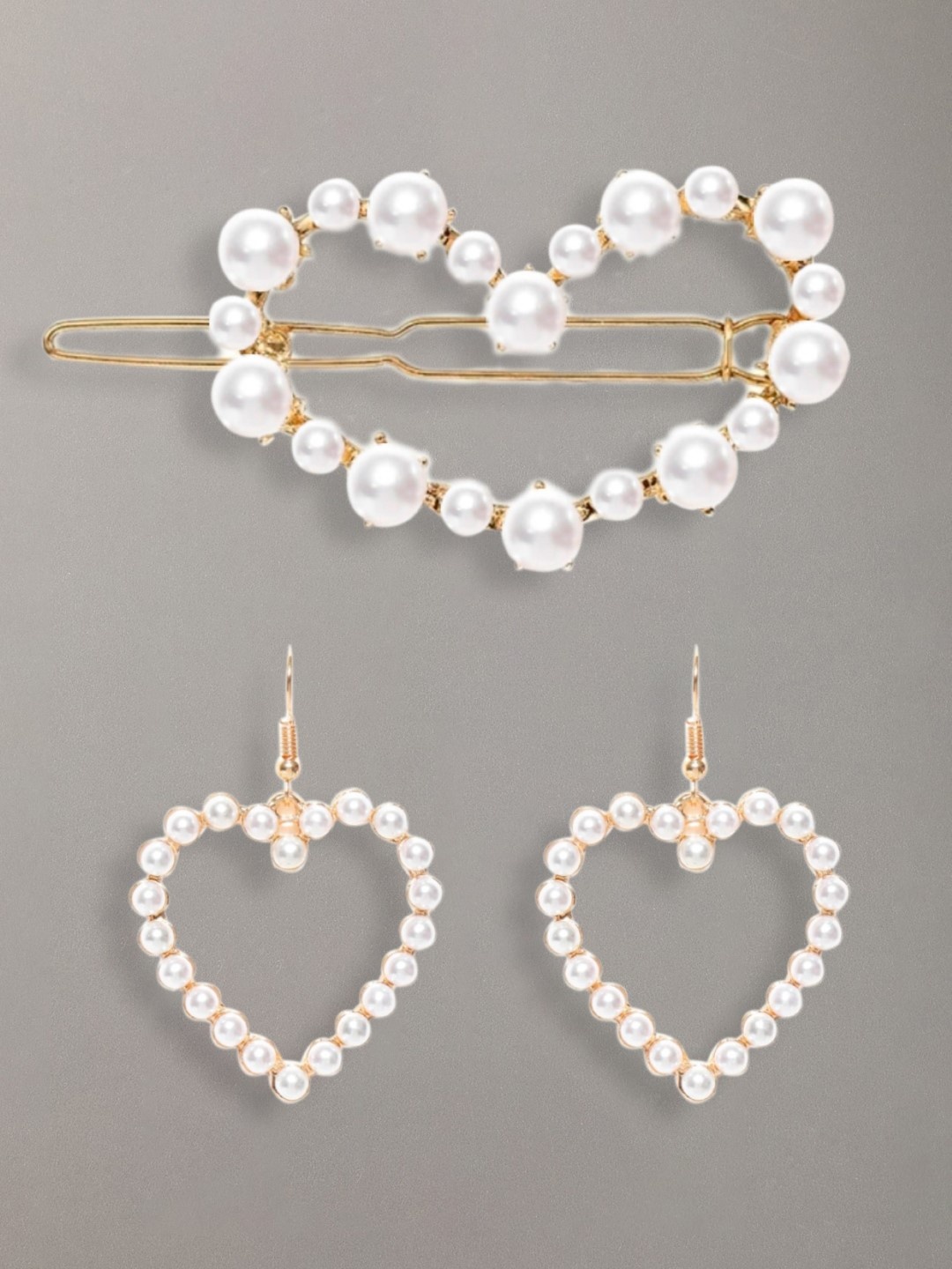 

OOMPH Women White & Gold-Toned Pearls Studded Heart Shape Drop Earrings & Hair Clip