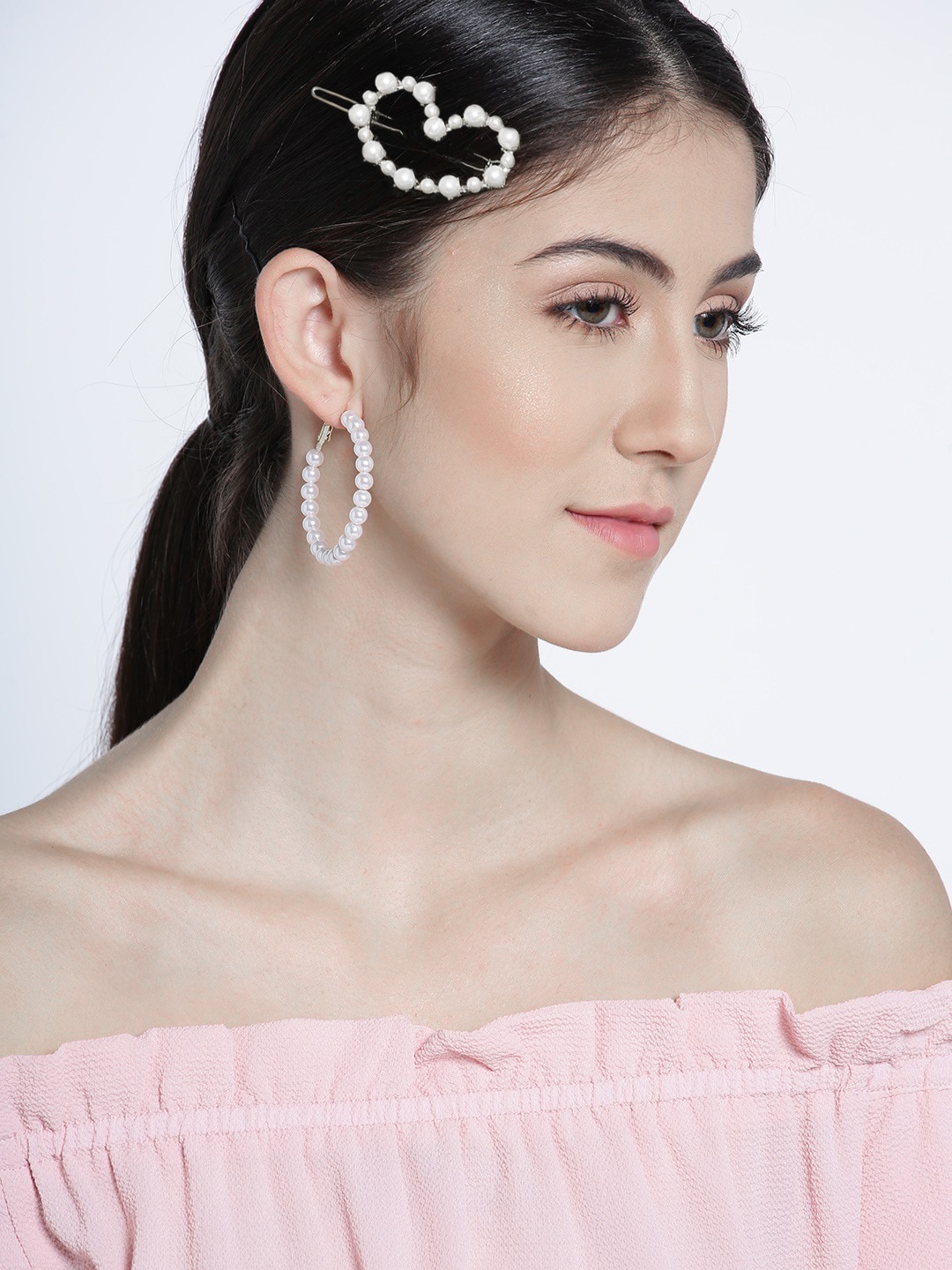 

OOMPH White Pearls Heart Shape Hoop Earrings & Hair Pin Jewellery Set, Gold