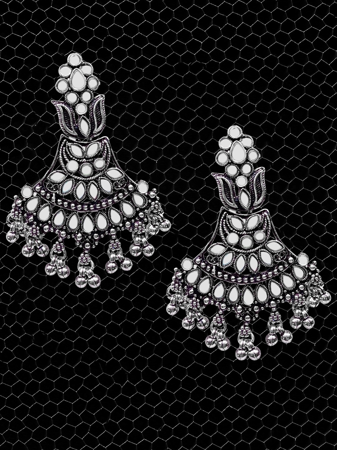 

OOMPH Silver-Toned & White Mirror Kundan Floral Drop Earrings