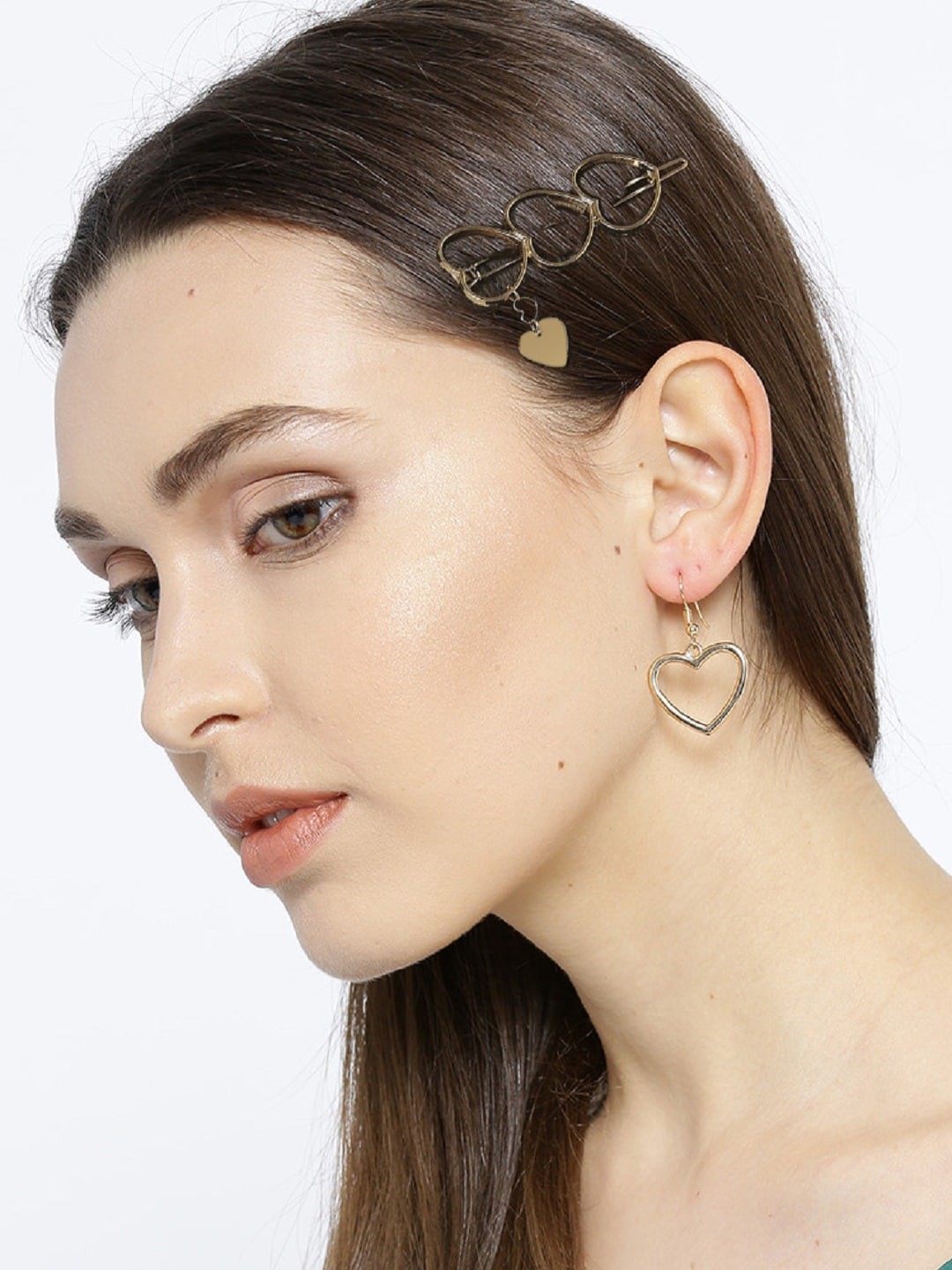 

OOMPH Gold-Tone Heart Shape Delicate Drop Earrings & Hair Clip Jewellery Set