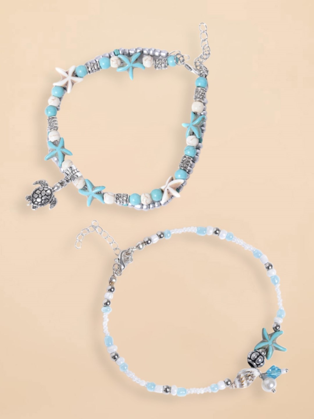 

OOMPH Set of 2 Turquoise Blue and white Sea Shell & Pearls Bohemian Anklet
