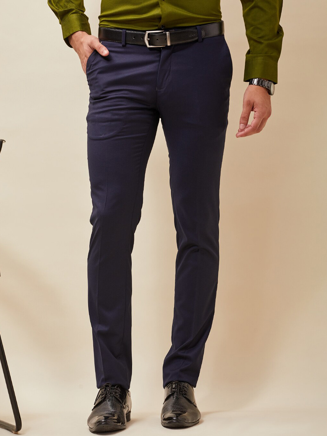 

J Hampstead Men Navy Blue Wrinkle Free Smart Slim Fit Trousers
