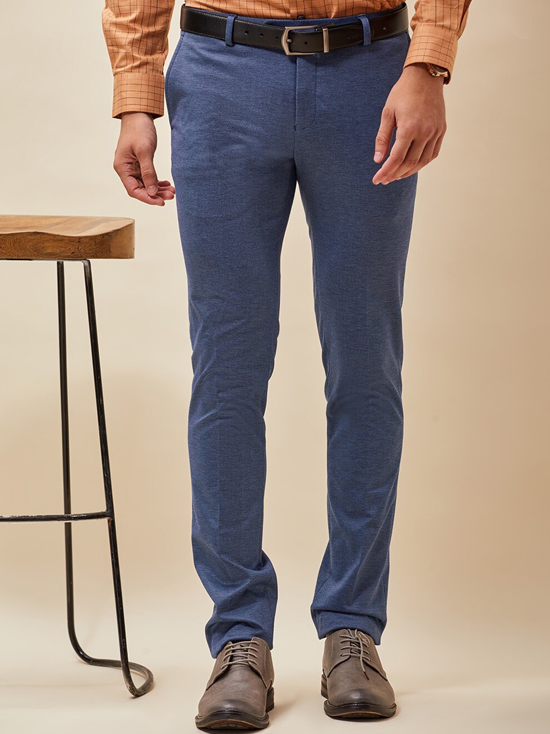 

J Hampstead Men Blue Smart Slim Fit Wrinkle Free Trousers