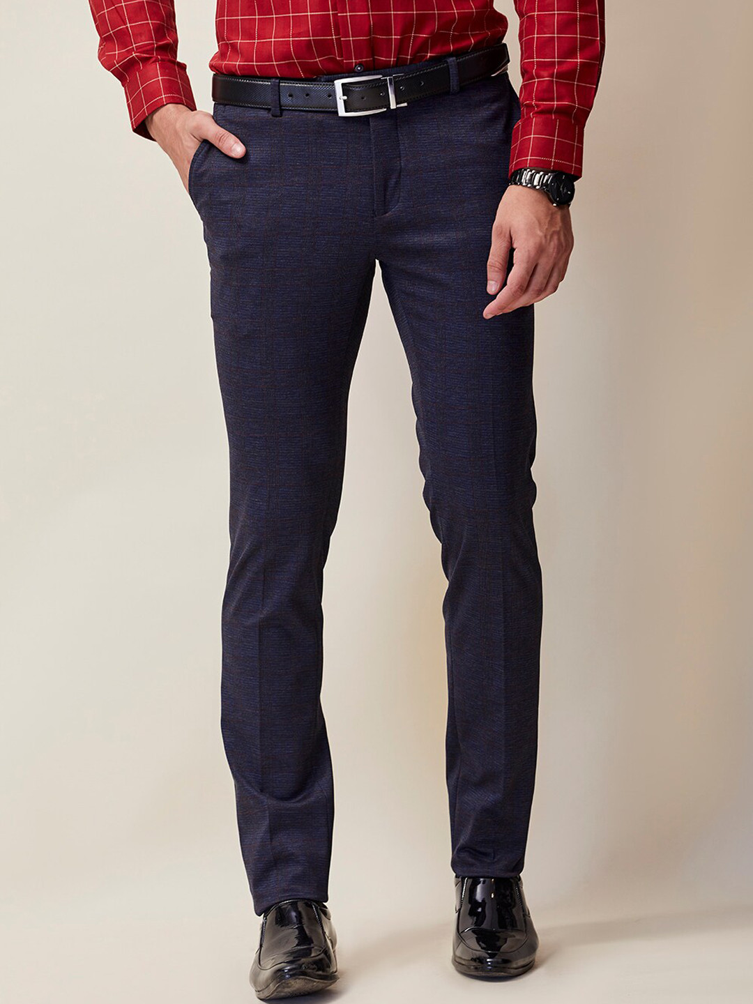 

J Hampstead Men Navy Blue Smart Slim Fit Wrinkle Free Chinos Trousers