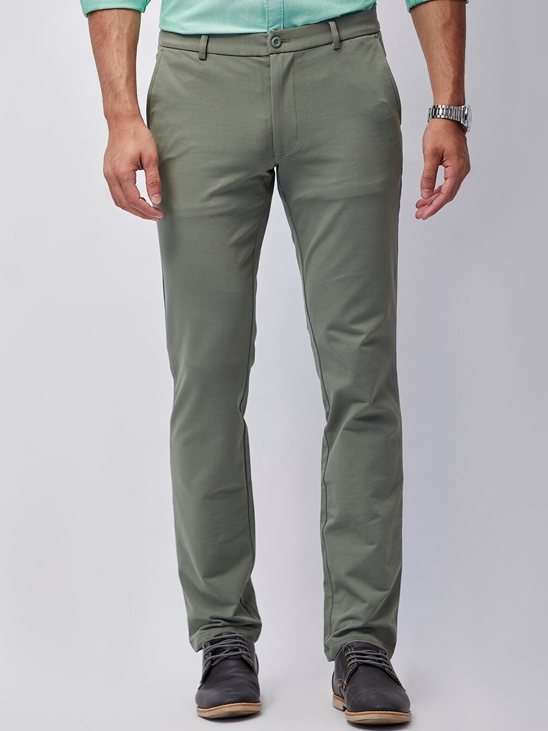 

J Hampstead Men Olive Green Wrinkle Free Smart Slim Fit Cotton Trousers