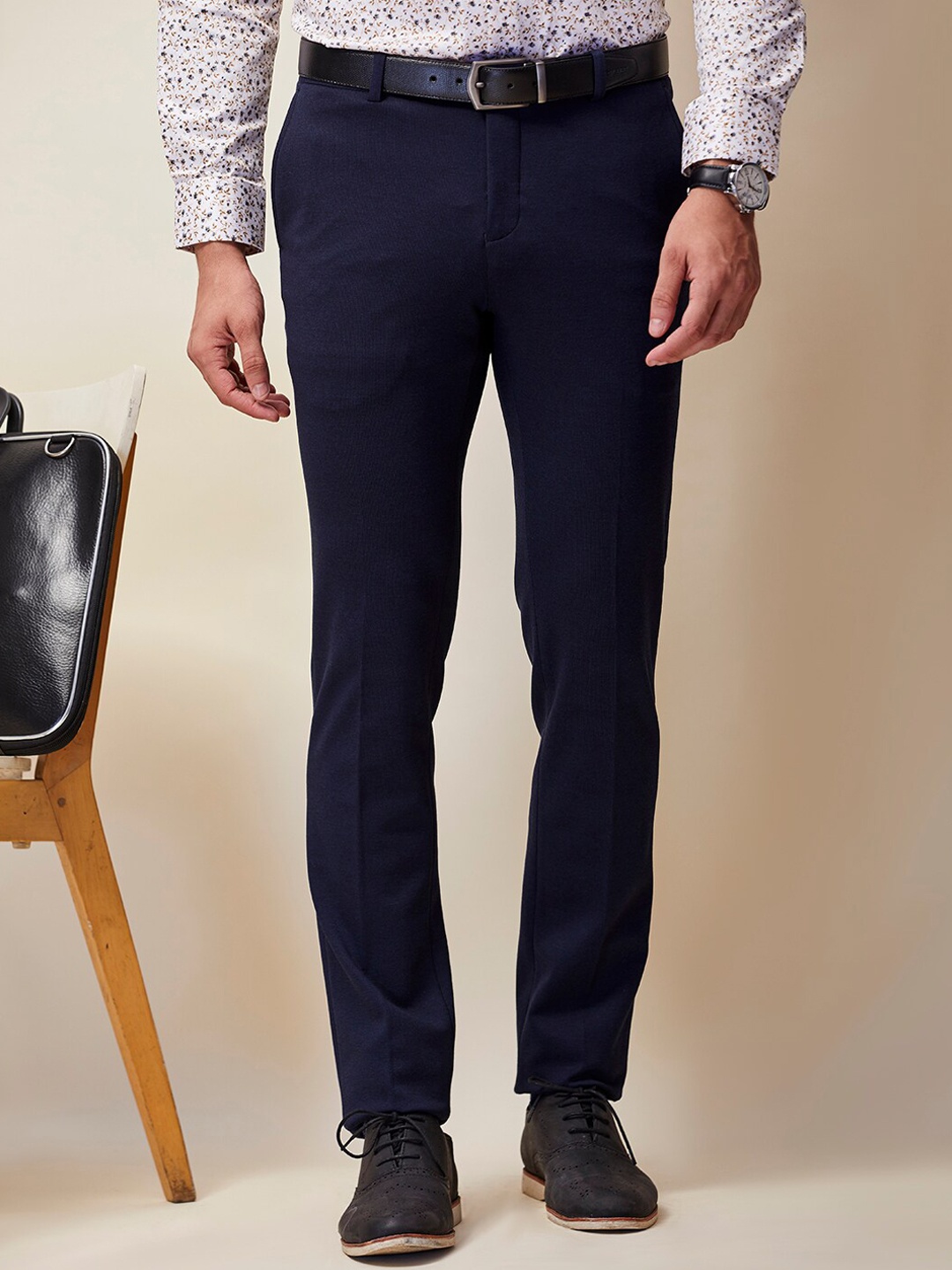 

J Hampstead Men Navy Blue Smart Slim Fit Wrinkle Free Trousers