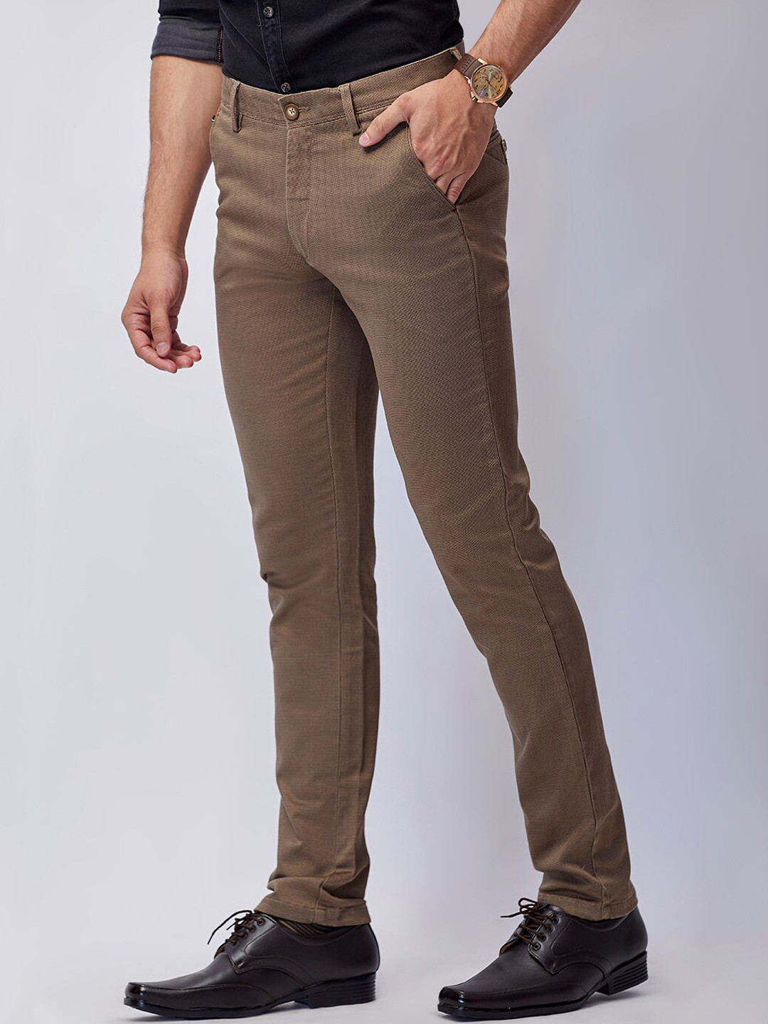 

J Hampstead Men Brown Smart Slim Fit Wrinkle Free Formal Trousers