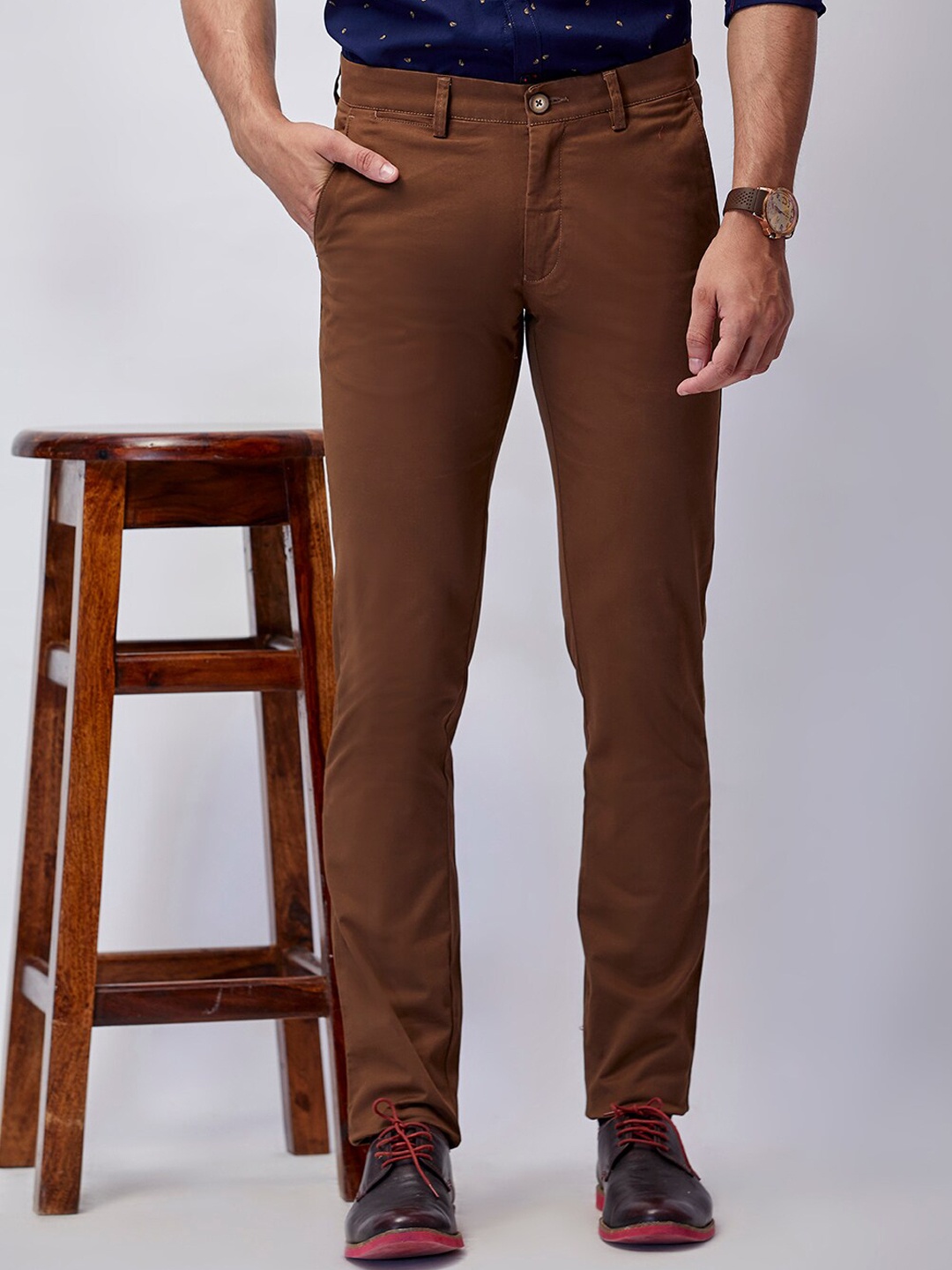 

J Hampstead Men Brown Smart Slim Fit Wrinkle Free Chinos Trousers