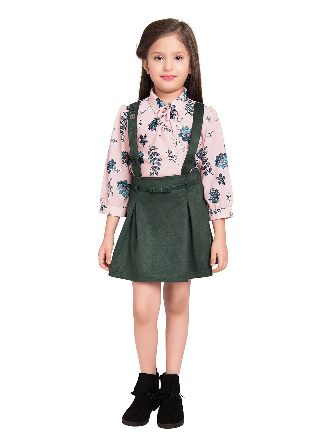 

Tiny Baby Girls Green & Pink Printed Top with Skirt