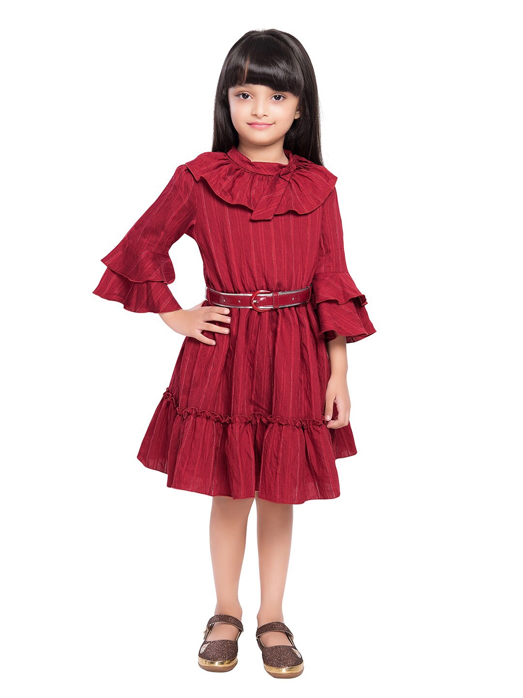 

Tiny Baby Girls Solid Fit & Flare Dress with Belt, Maroon