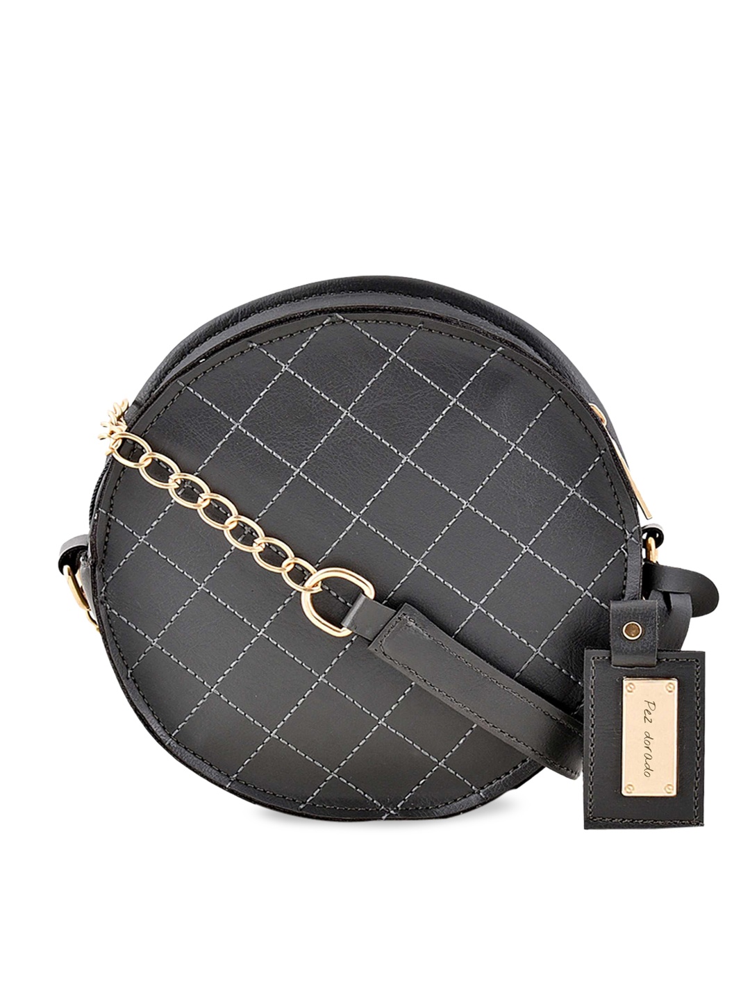 

Pez dorado Grey Synthetic Leather Geometric Structured Sling Bag With Quilted Details