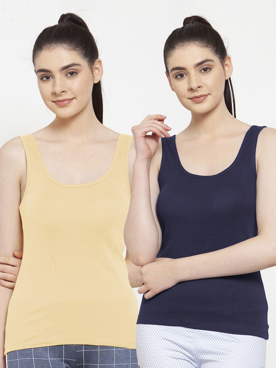 

Friskers Women Navy Blue & Beige Pack of 2 Tank Top