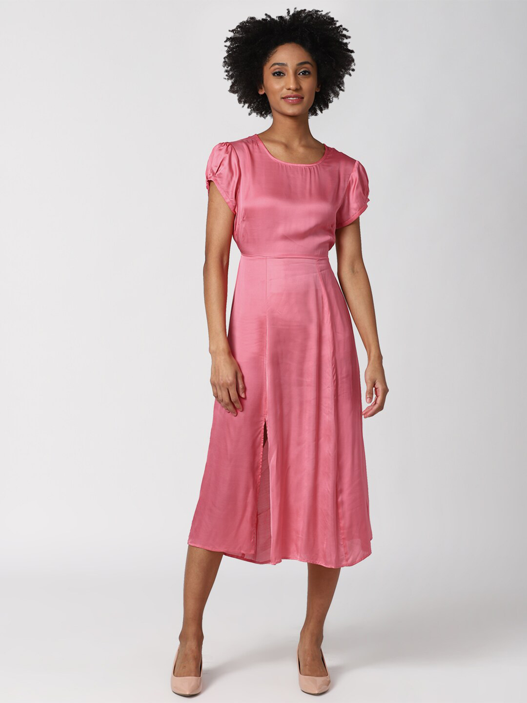 

FOREVER 21 Pink Solid Fit & Flare Puff Sleeves Midi Dress