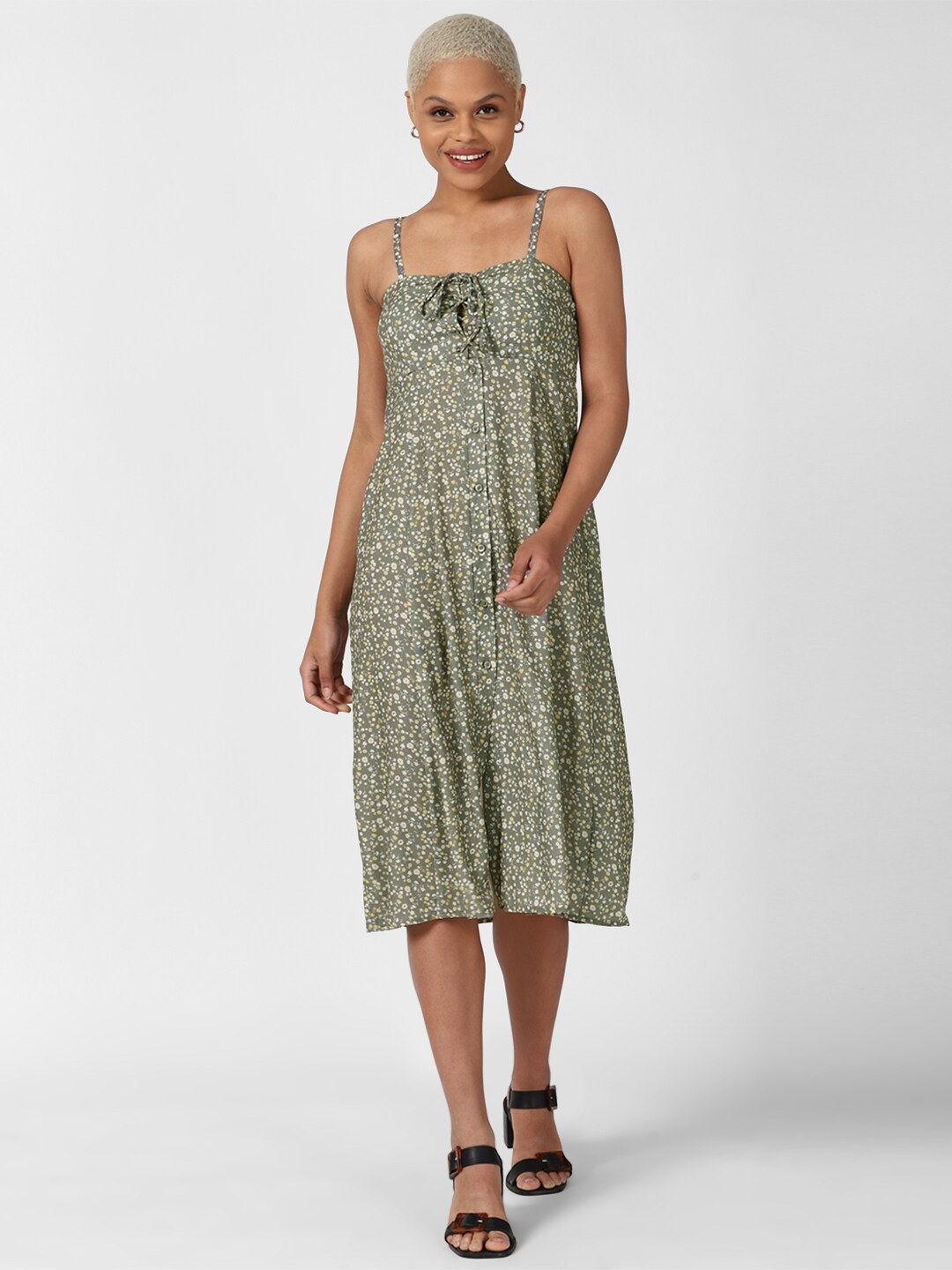 

FOREVER 21 Olive Green Floral A-Line Midi Dress