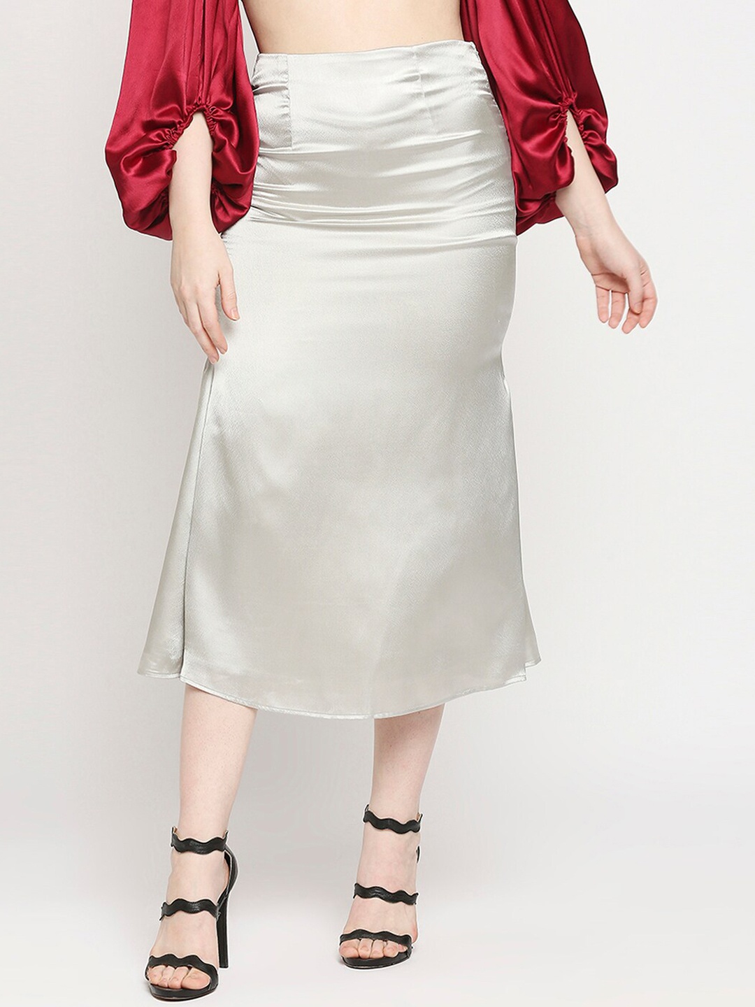 

AMMARZO Women Silver-Coloured Solid Satin Slip Midi Skirt
