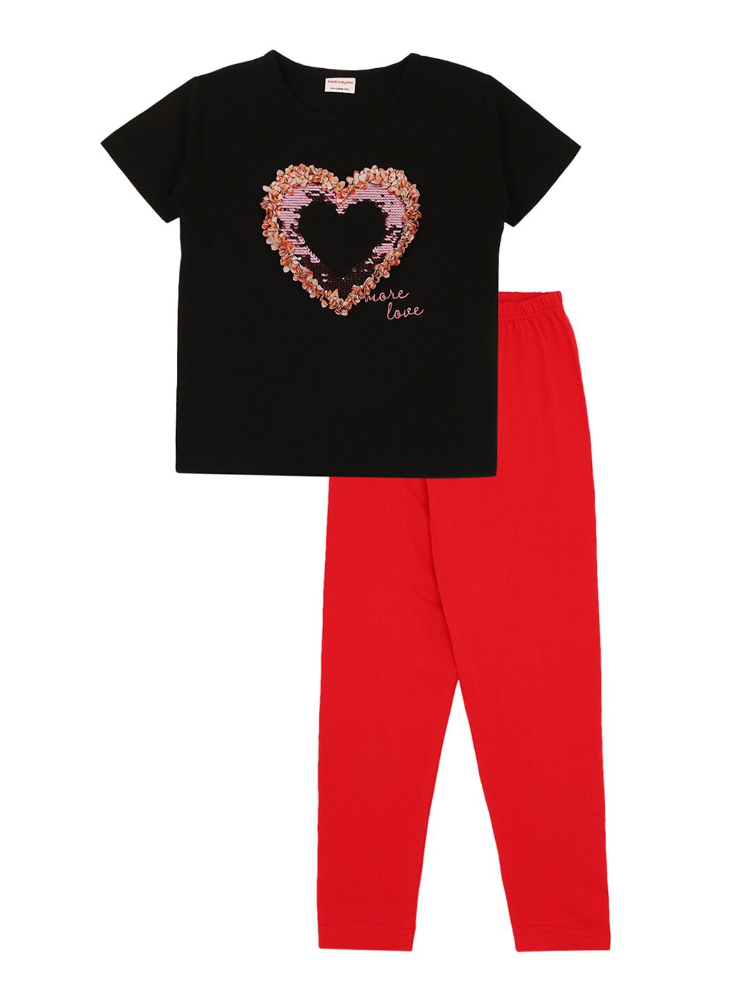 

RAINE AND JAINE Girls Black & Red Embellished Pure Cotton T-shirt with Leggings