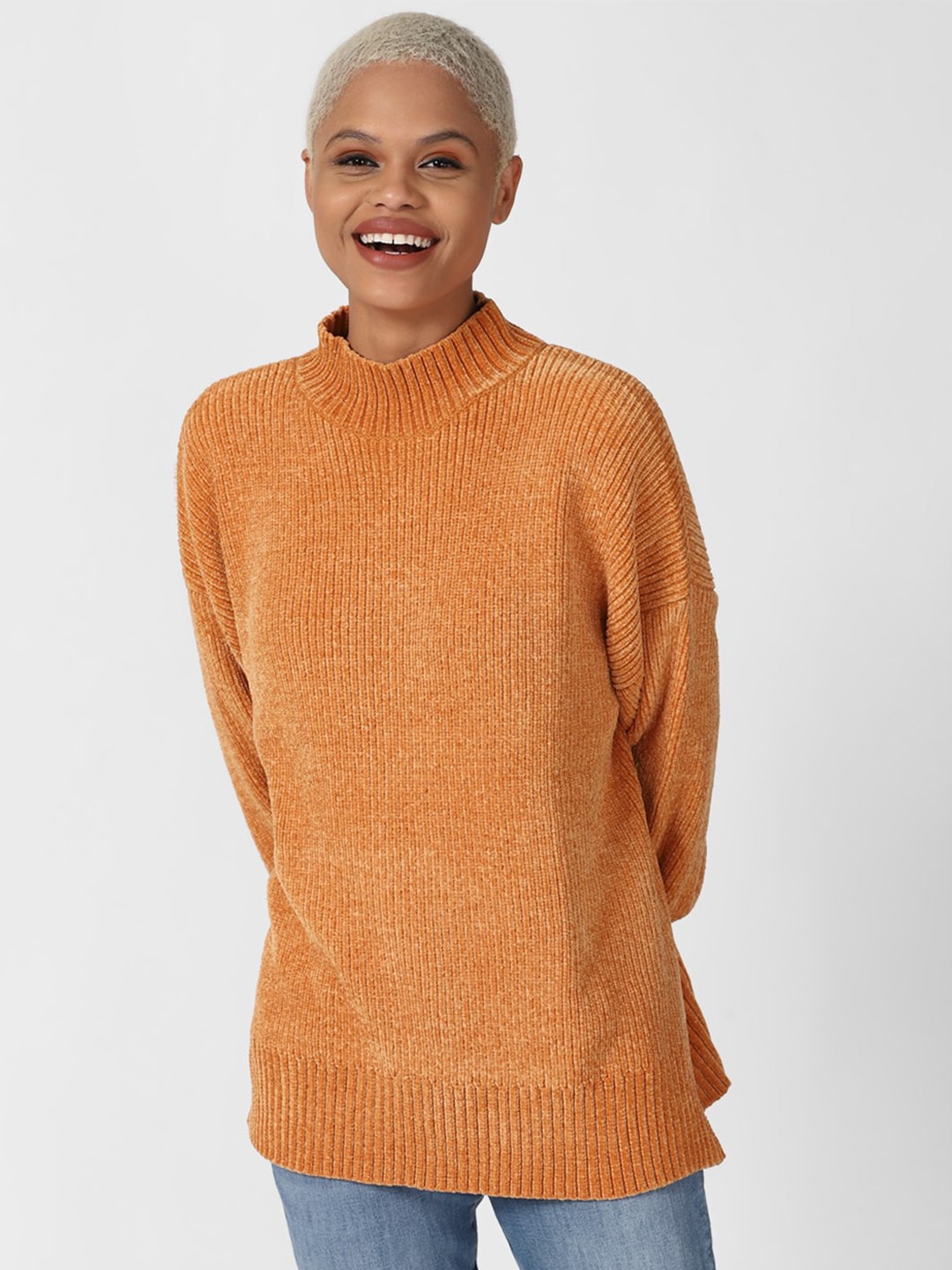 

FOREVER 21 Women Orange Solid Turtle Neck Pullover