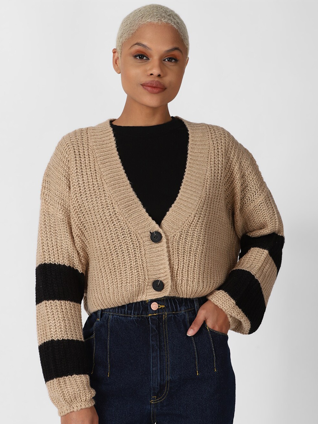 

FOREVER 21 Women Brown & Black Cable Knit Crop Cardigan