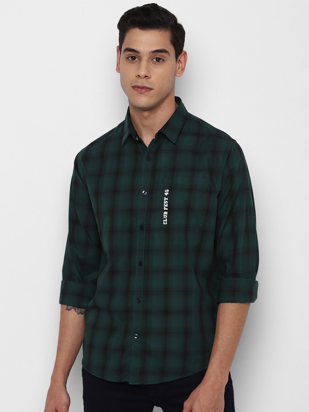 

FOREVER 21 Men Green Buffalo Checks Printed Regular Fit Cotton Casual Shirt