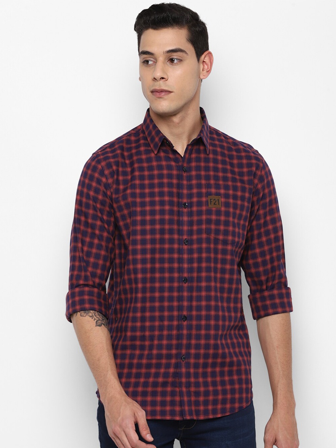 

FOREVER 21 Men Maroon Cotton Checked Regular Fit Casual Shirt