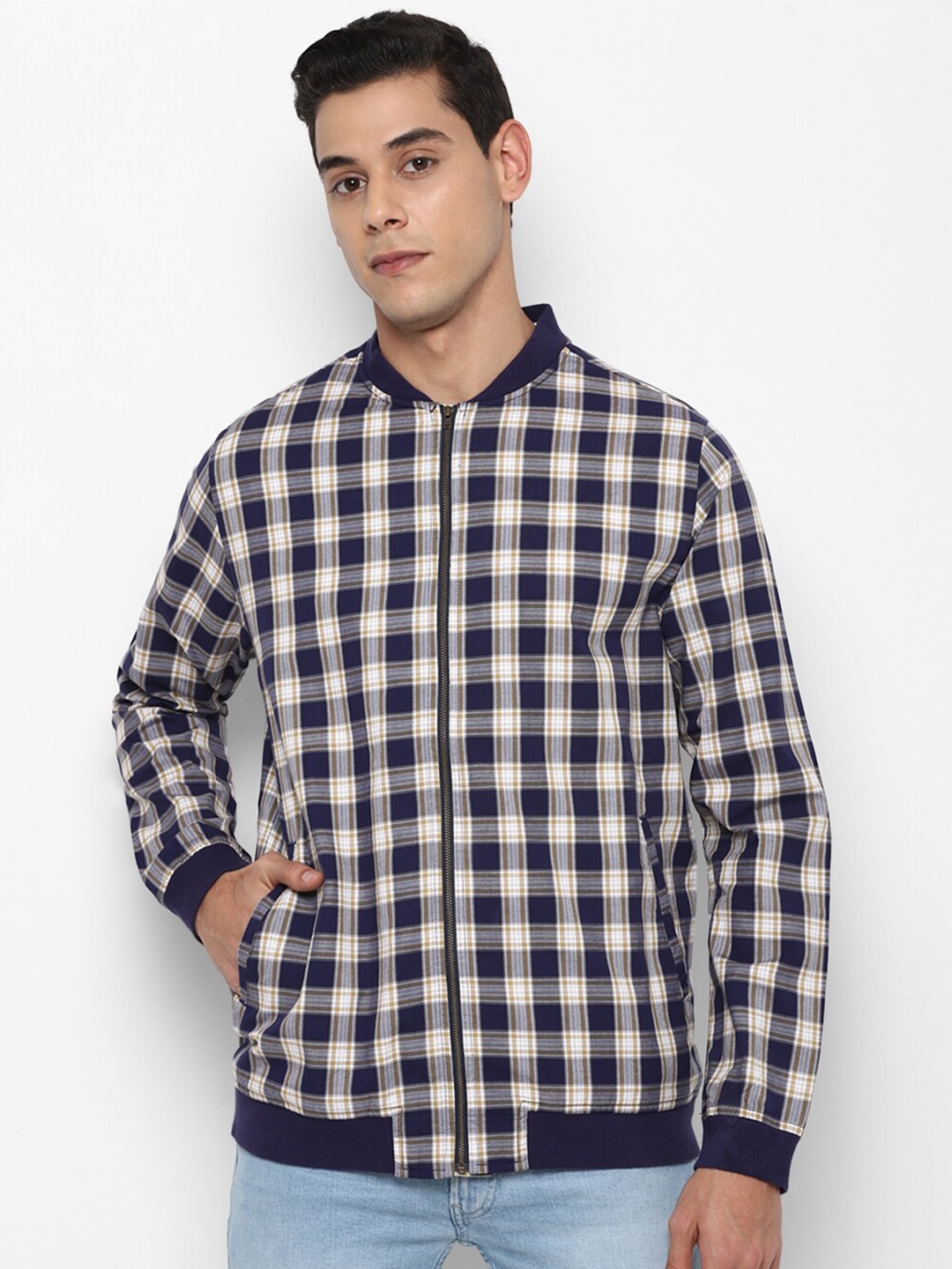 

FOREVER 21 Men Navy Blue Gingham Checks Checked Casual Sweatshirt