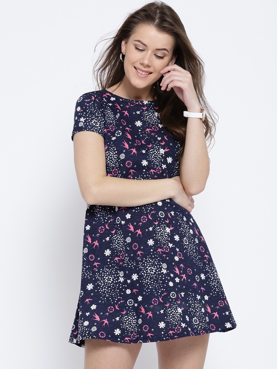 

Sera Navy Blue & Pink Ethnic A-Line Mini Cotton Dress