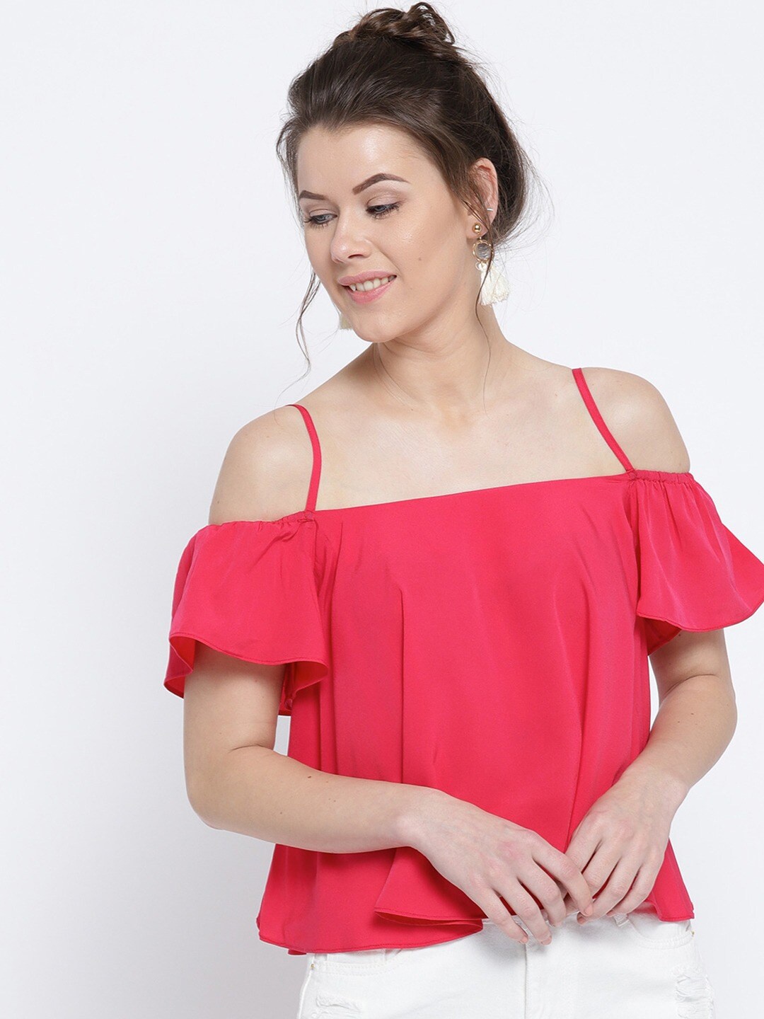 

Sera Fuchsia Ruffles Tropical Crepe Solid A-Line Bardot Top