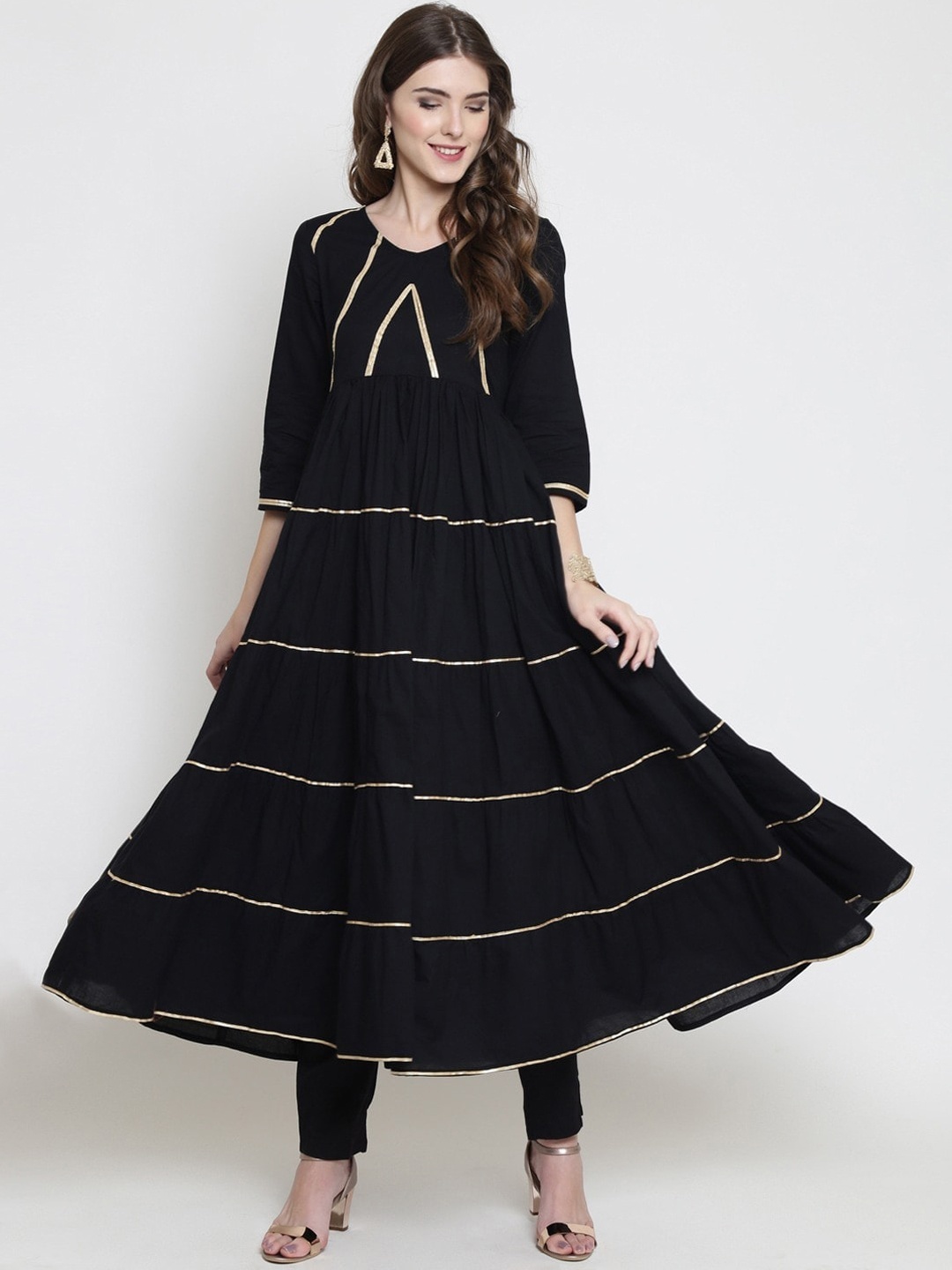 

Sera Women Black & Gold-Toned Striped Gotta Patti Anarkali Cotton Kurta