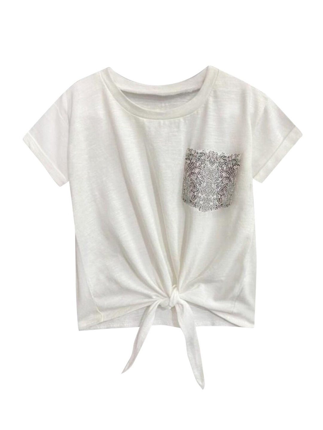 

A T U N Girls White Front Knot Pure Cotton Top with Embellished Pocket