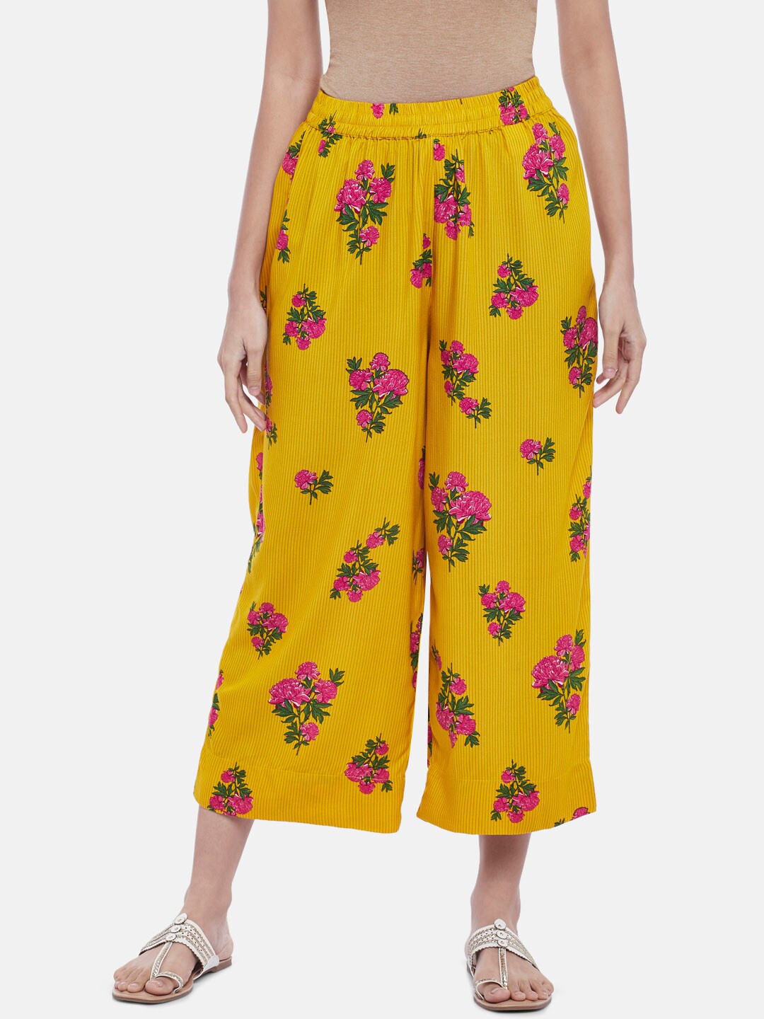 

RANGMANCH BY PANTALOONS Women Yellow & Pink Floral Printed Ethnic Palazzos