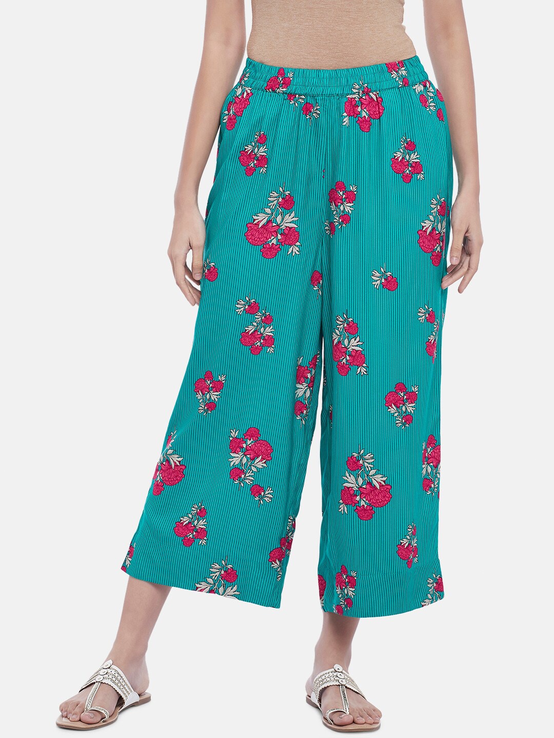 

RANGMANCH BY PANTALOONS Women Teal & Pink Floral Pure Cotton Cropped Ethnic Palazzos