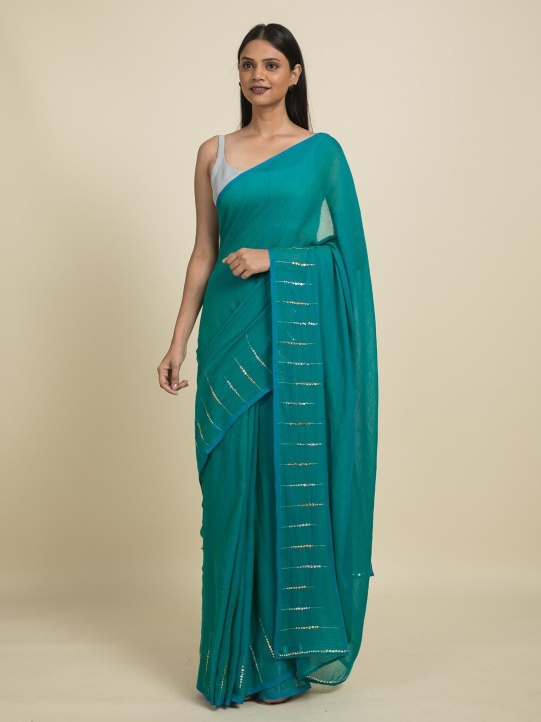 

Suta Teal & Silver-Toned Embellished Sequinned Pure Cotton Saree