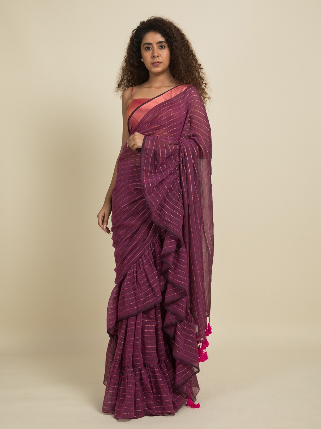 

Suta Purple & Pink Zari Striped Ruffled Saree