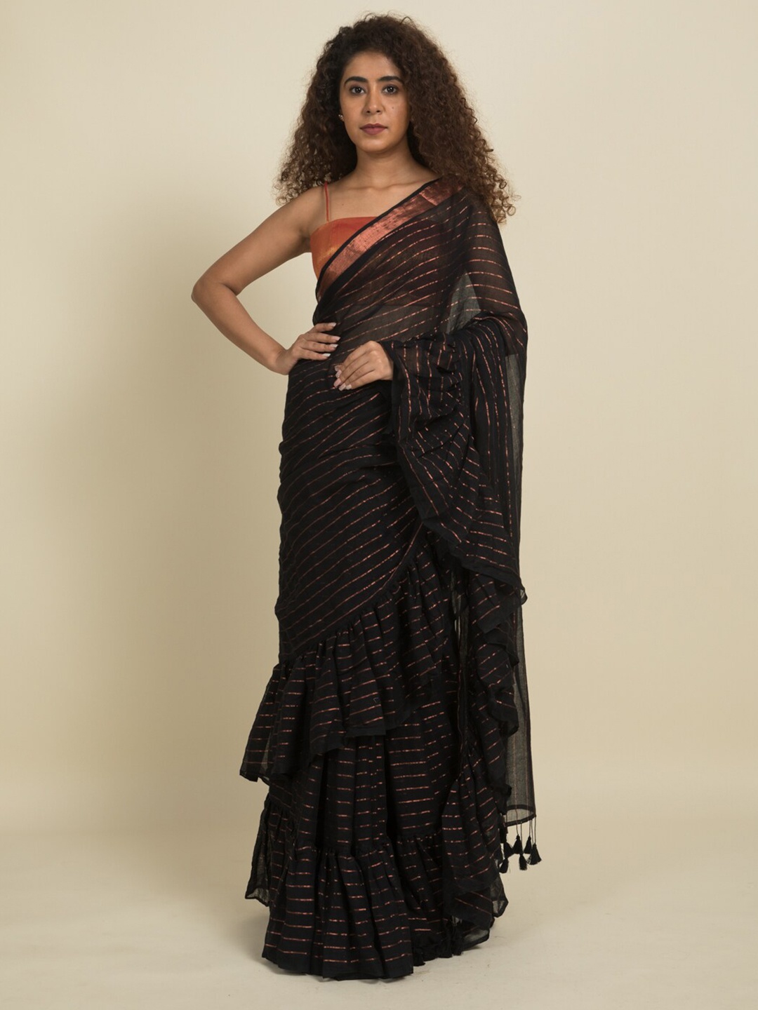 

Suta Black & Gold-Toned Striped Zari Saree