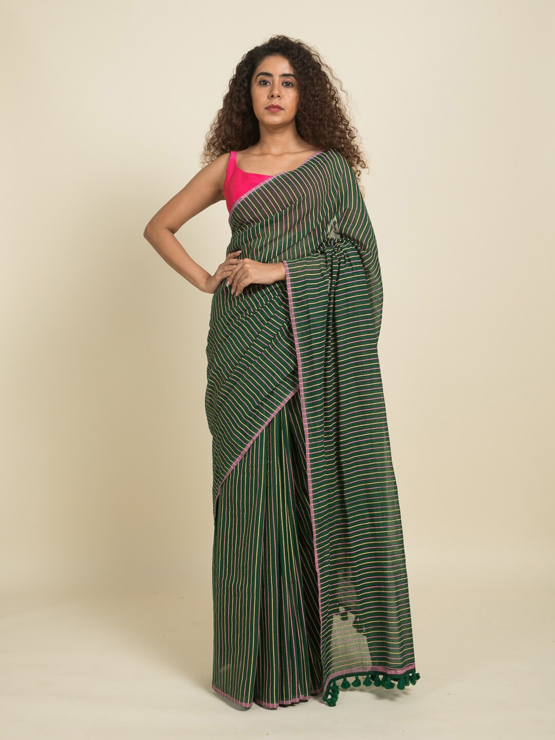 

Suta Green & Pink Striped Pure Cotton Saree