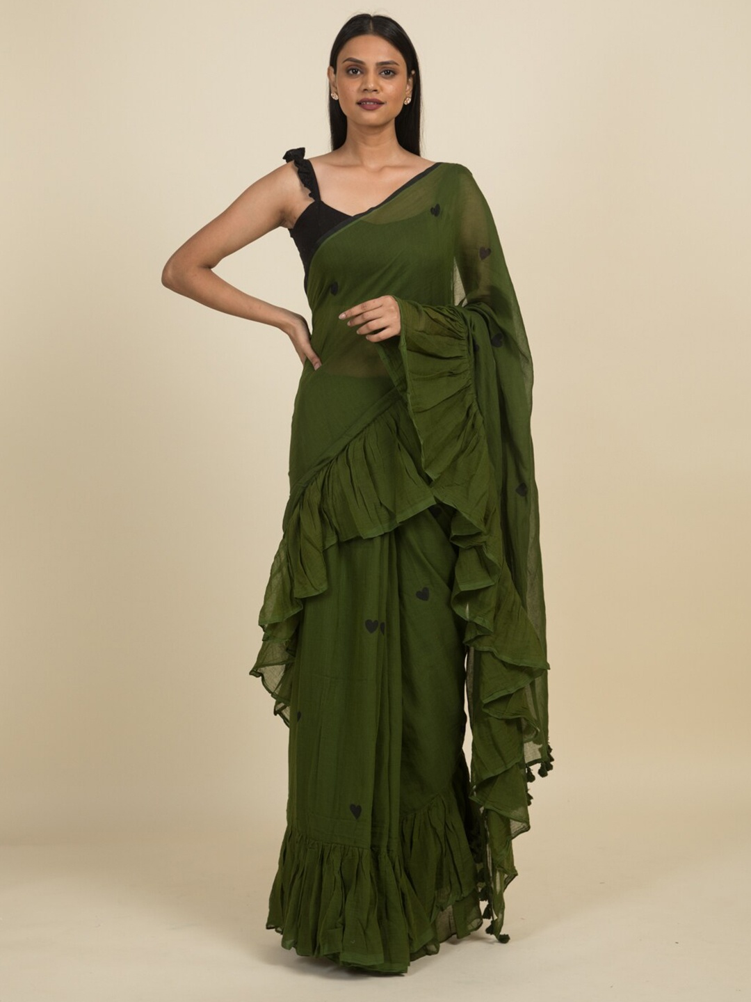 

Suta Olive Heart Block Printed Ruffle Saree, Green