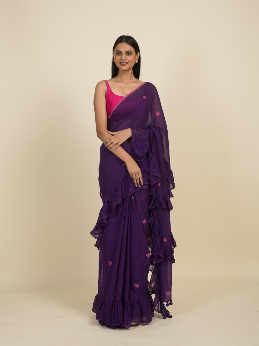 

Suta Purple & Pink Heart Block Printed Ruffled Pure Cotton Saree