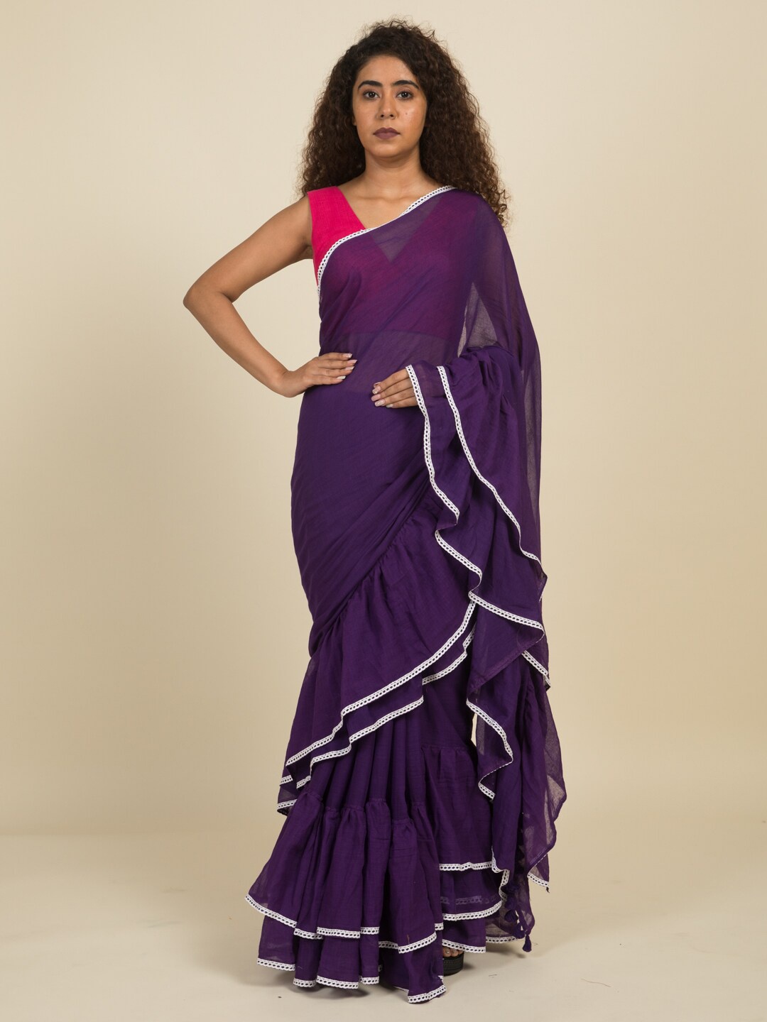 

Suta Purple Pure Cotton Ruffle Saree With Lace