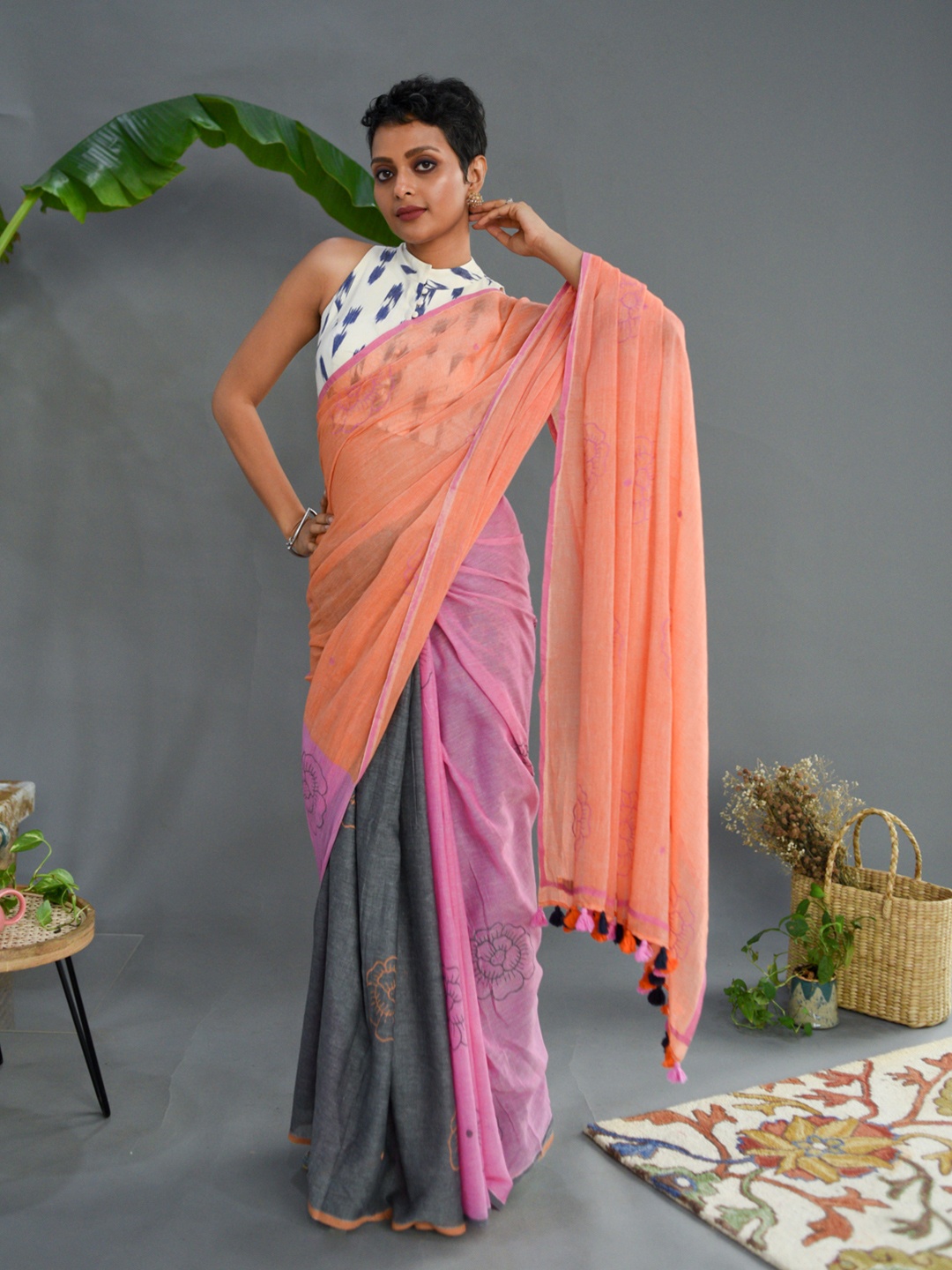 

Suta Orange & Grey Floral Pure Cotton Saree